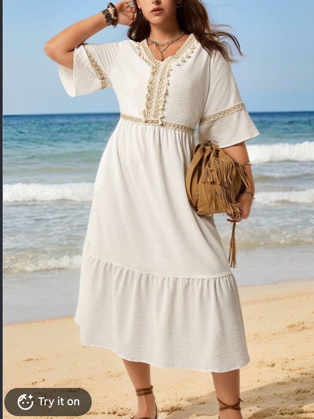 BloomChic White Maxi Dress with Beige Trim